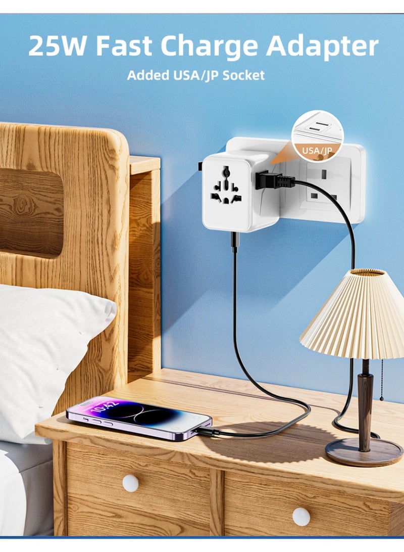 Voltrava Universal Travel Plug Adapter with 2 AC Outlets, PD 25W Fast Charging, Dual USB-C & USB-A Ports – International Multi Plug Power Adapter for Worldwide Travel, Compatible with US UK EU AU Asia – Compact All-in-One Travel Charger - White - Image 5